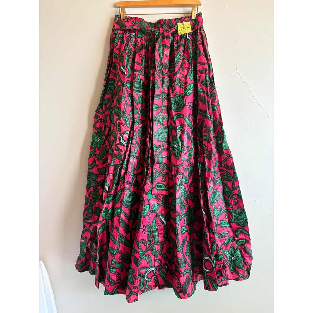 NEW Africa Magenta Pink Green Wax Print Cotton Maxi Skirt w/ Pockets, Sash NWT